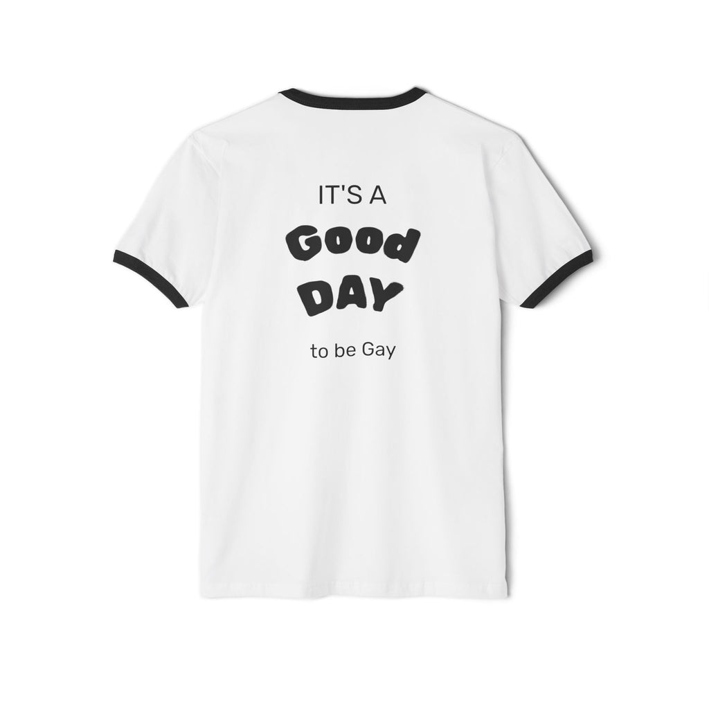 Pride Ringer T-Shirt — "Pride Unbound" Rainbow Flag Tee (Back: "It's a Good Day to be Gay")