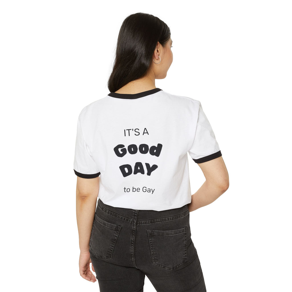 Pride Ringer T-Shirt — "Pride Unbound" Rainbow Flag Tee (Back: "It's a Good Day to be Gay")