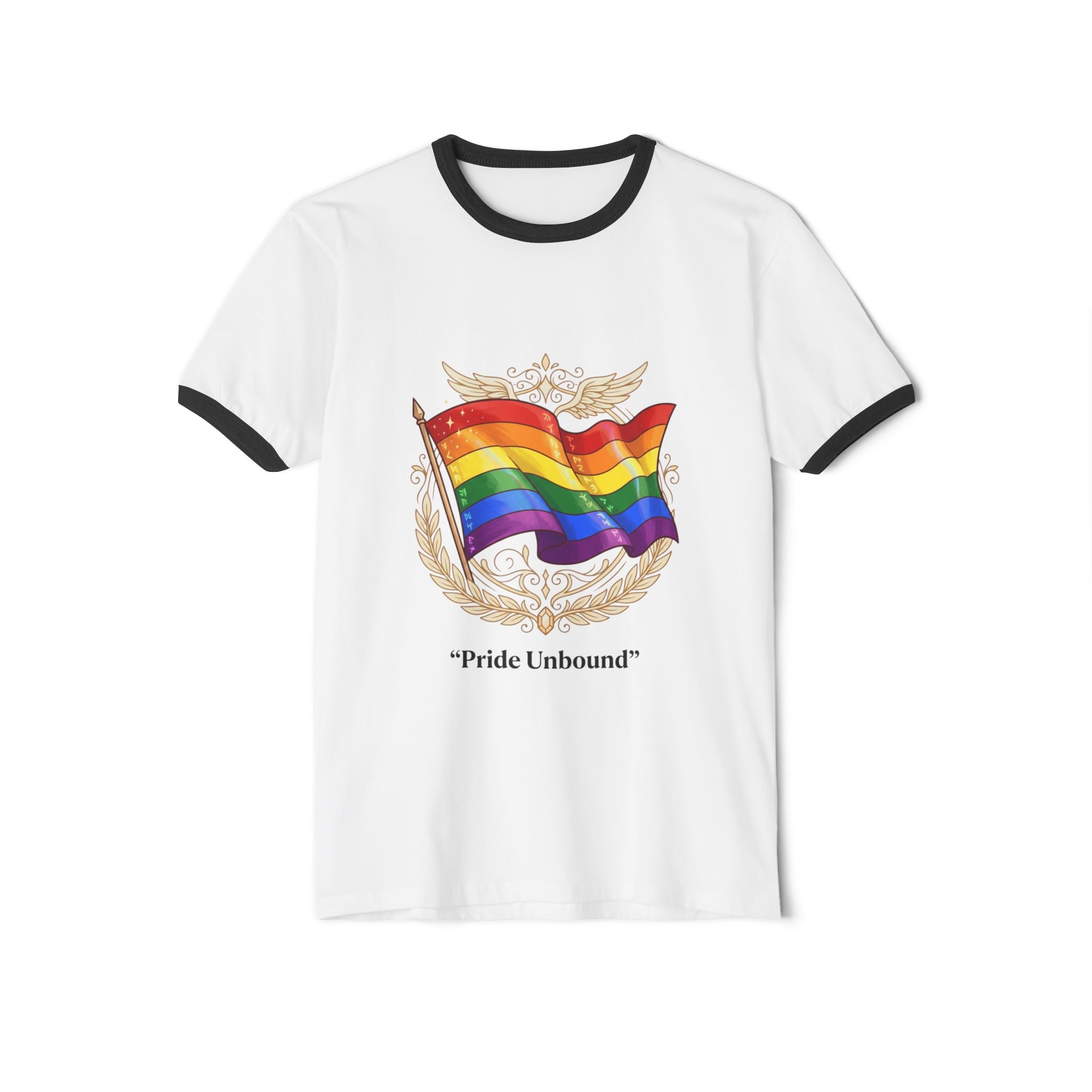Pride Ringer T-Shirt — "Pride Unbound" Rainbow Flag Tee (Back: "It's a Good Day to be Gay")