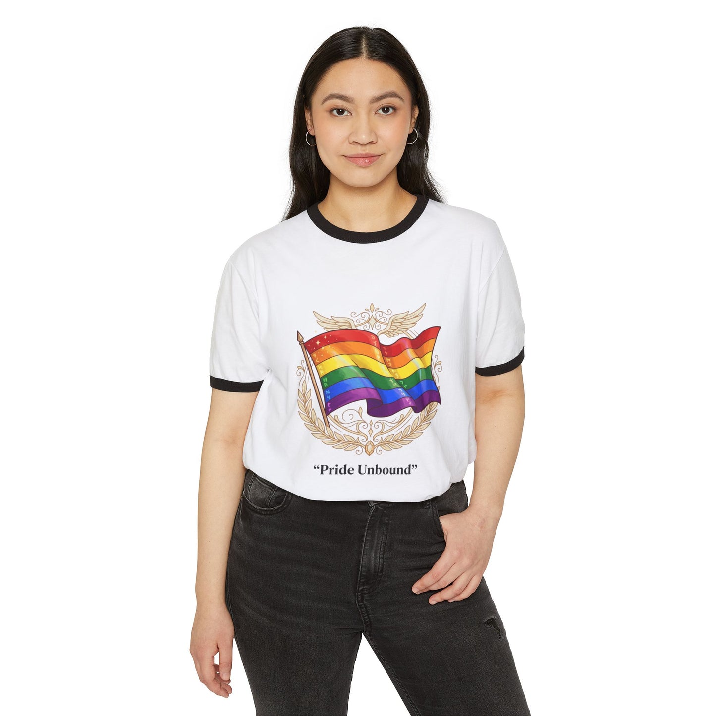 Pride Ringer T-Shirt — "Pride Unbound" Rainbow Flag Tee (Back: "It's a Good Day to be Gay")